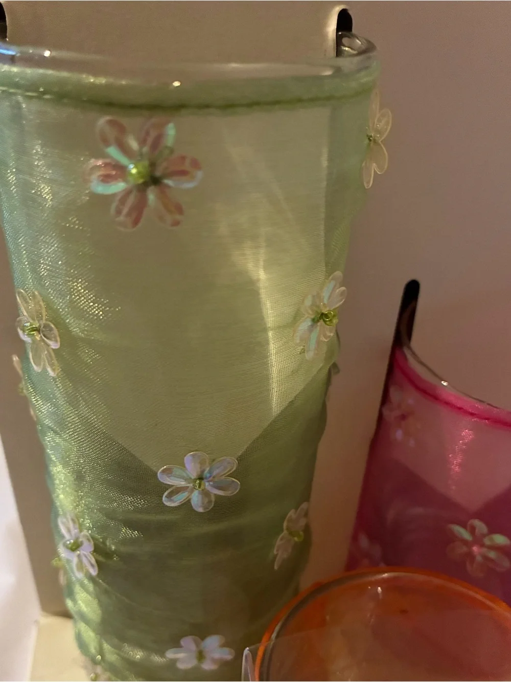 Pier 1 Decorative Floral Tea Light Holders - Green, Pink, Orange Set NIB
